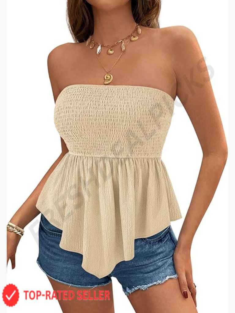 Strapless Smocked Tube Top Flowy Peplum Bandeau Shirt Going Out Date Night